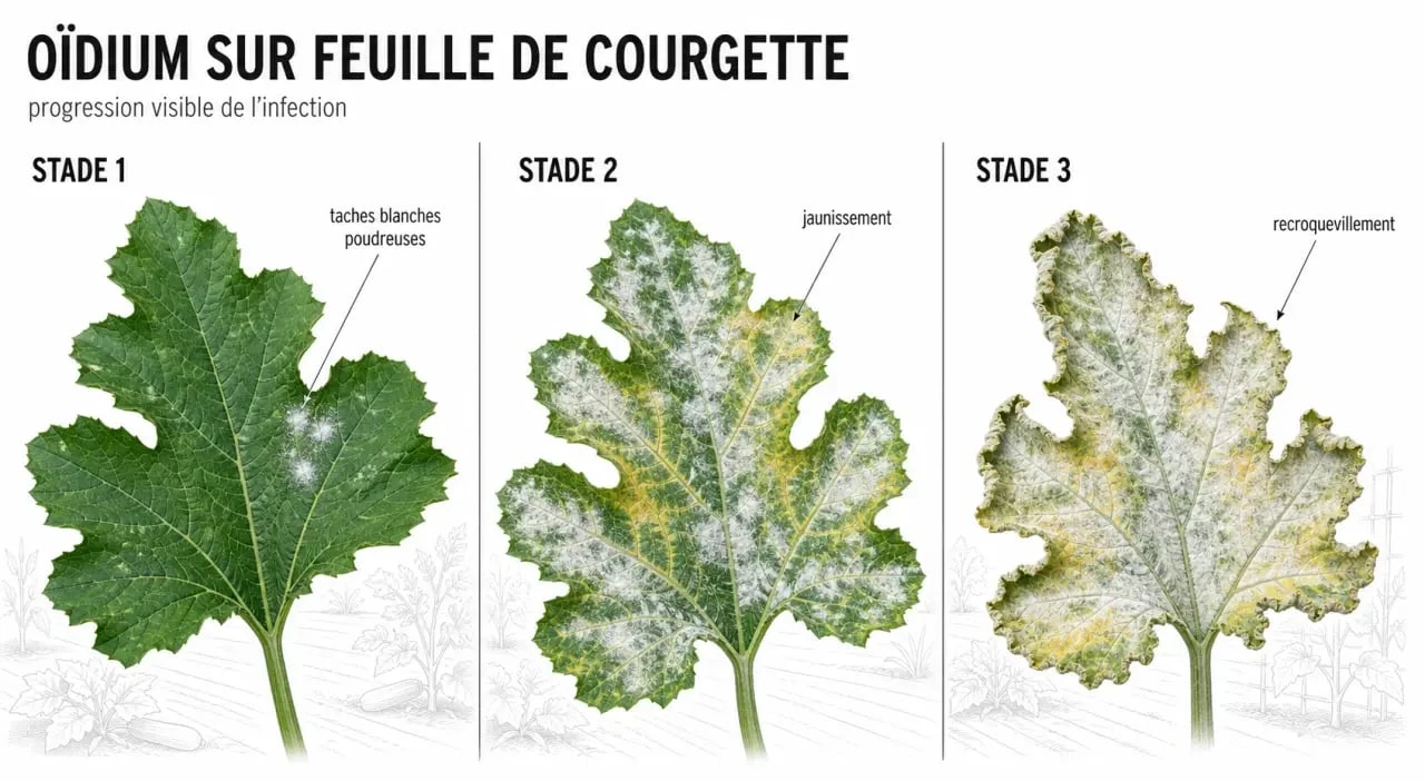 Traitement oidium courgette : progression des symptômes sur une feuille de courgette