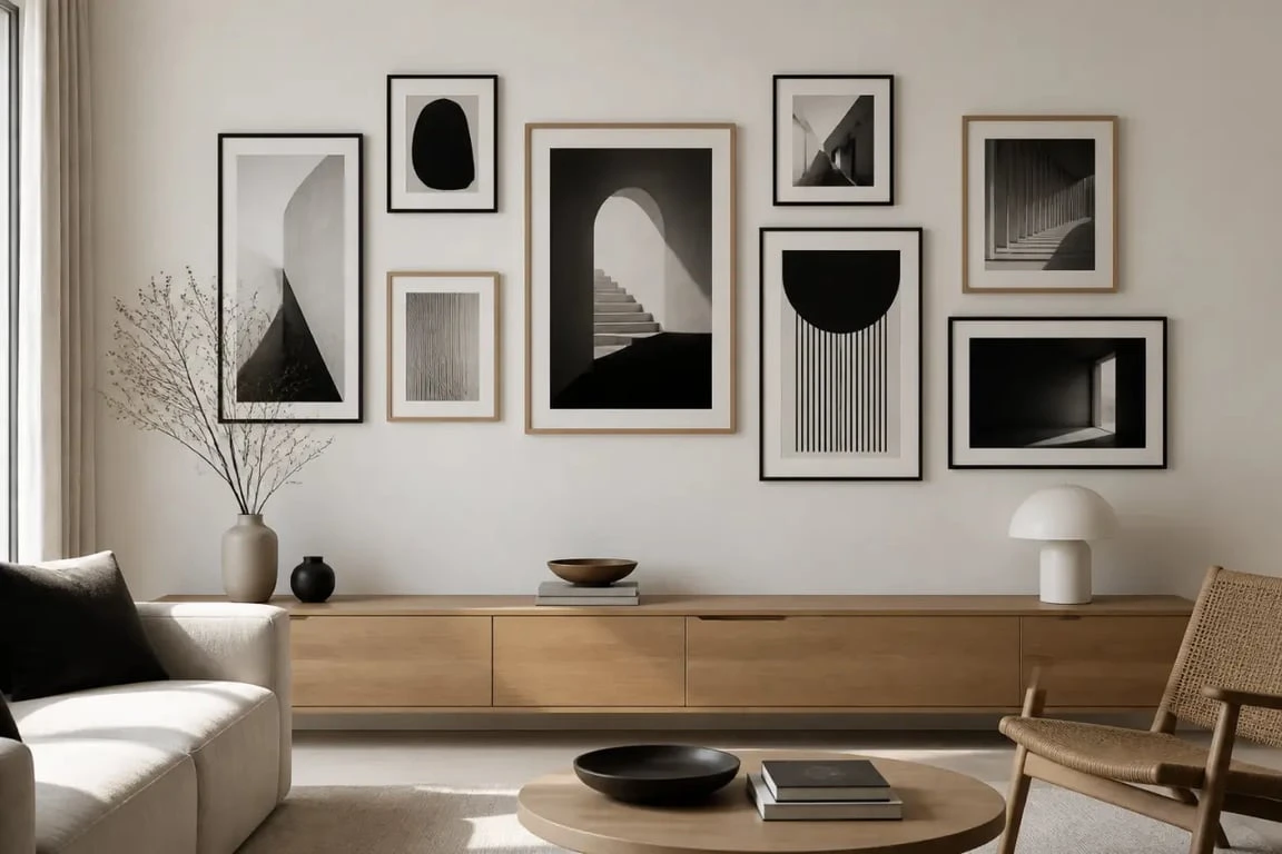 Décoration murale salon tendance avec mur galerie de cadres harmonieux et contemporain