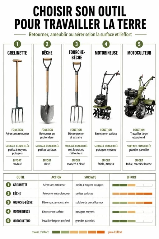 Outil pour retourner la terre : comparaison visuelle entre grelinette, bêche, fourche-bêche, motobineuse et motoculteur