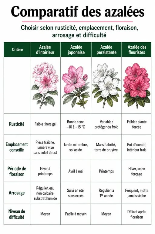 Azalée en pot : infographie comparative entre azalée d’intérieur, azalée japonaise, azalée persistante et azalée des fleuristes