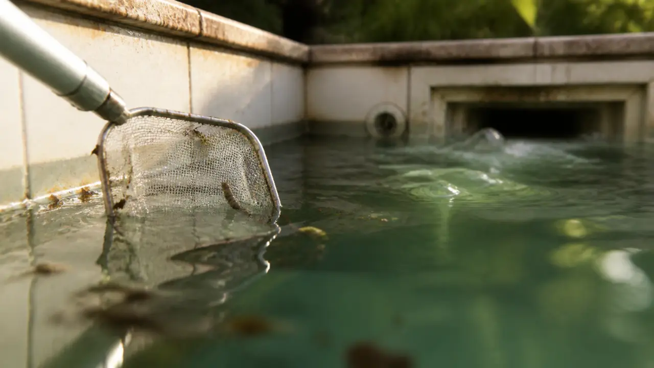 Larve de moustique piscine près de la ligne de flottaison, retirée à l’épuisette