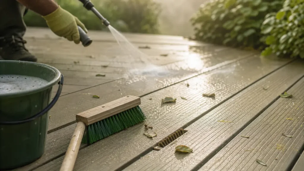 Terrasse composite qui verdit, taches de graisse ou haute pression : les gestes qui évitent les dégâts