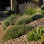 Plantes méditerranéennes sans arrosage : thym, sedum, lavande, romarin sur paillage minéral