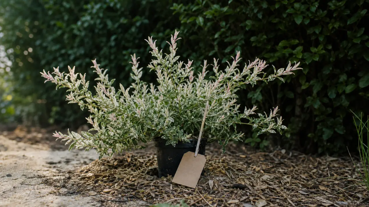 Saule crevette en buisson panaché, jeune arbuste au jardin