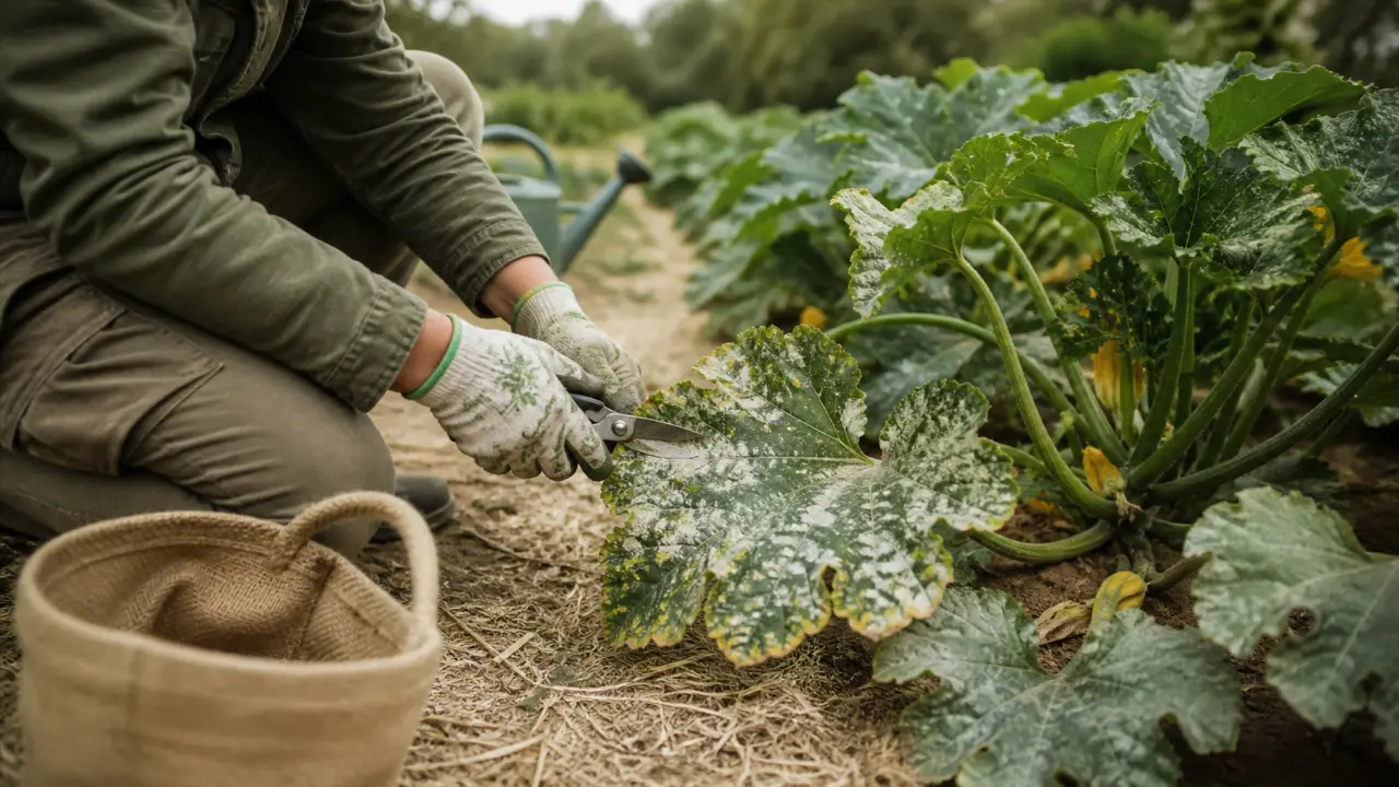 Traitement oidium courgette : feuille malade blanchâtre à couper