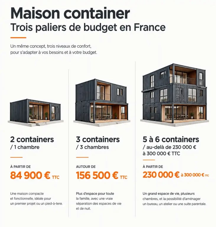 Infographie du budget d'une maison container écologique selon le nombre de containers