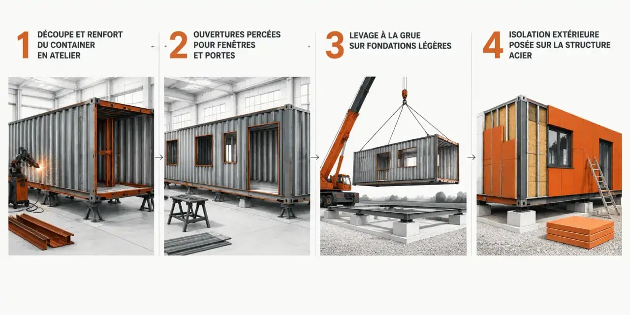 Étapes de construction d'une maison écologique en containers maritimes recyclés