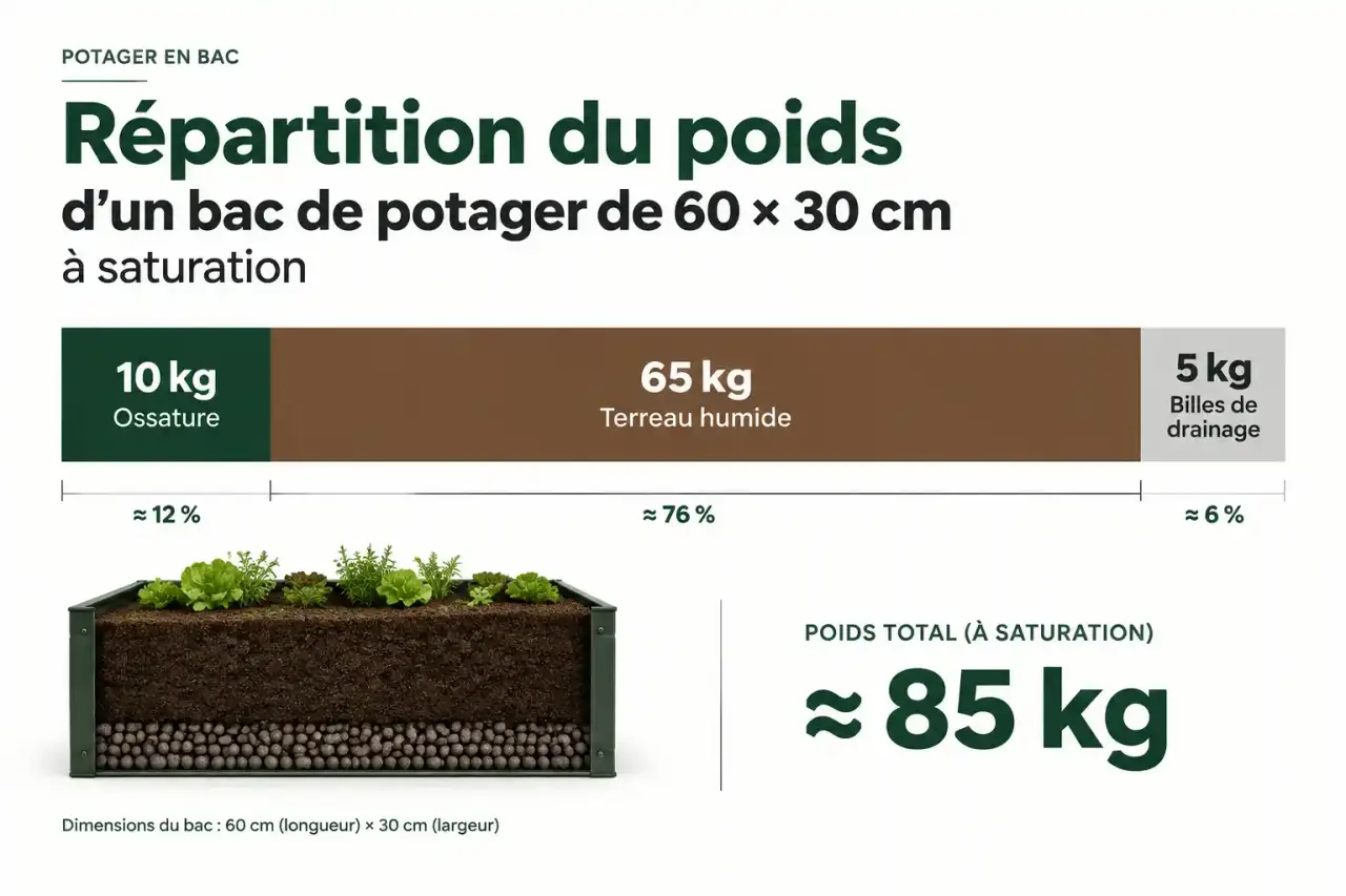 Répartition du poids d'un bac pour aménager un potager urbain sur son balcon ou terrasse : ossature, terreau humide et drainage