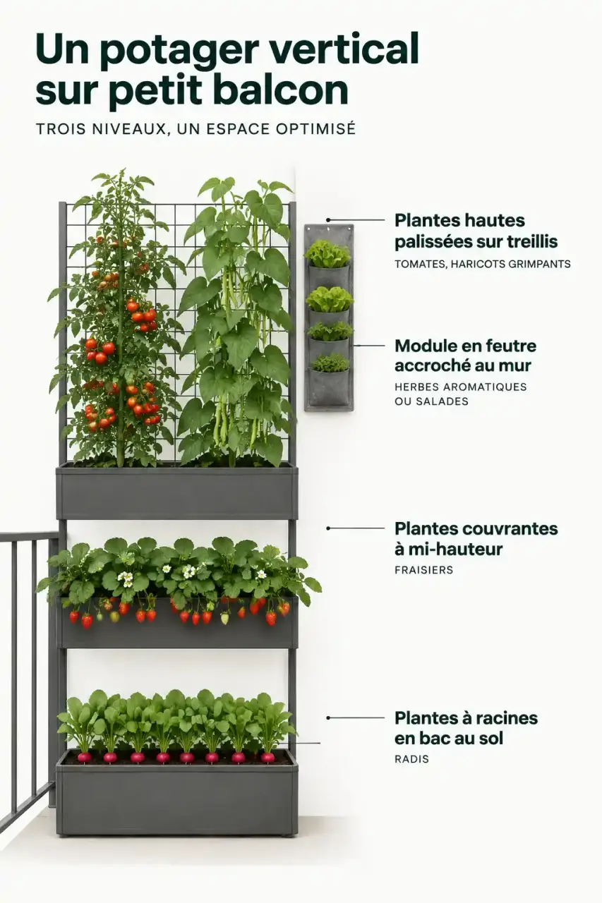 Organisation verticale d'un potager urbain sur balcon ou terrasse avec treillis, étagères et modules muraux